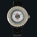 Houndstooth Uggla Watch Armbandsur<br><div class="desc">En klocka med illustration av ett uggla med houndstandemage över en passande houndstandebakgrund. Anpassa med ditt namn.</div>