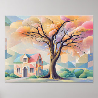 House and Tree in Art Deco Pastels Poster