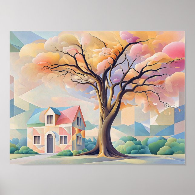 House and Tree in Art Deco Pastels Poster (Framsidan)