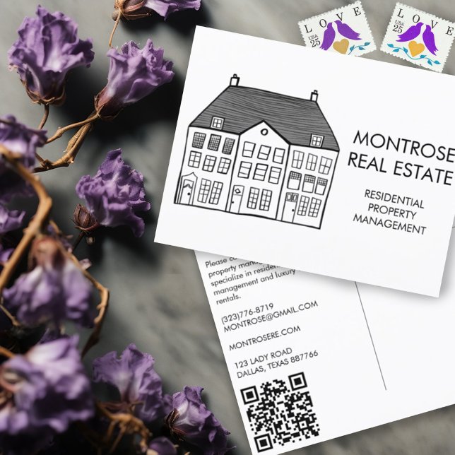 House Art Minimal QR-kod Real Gods Marknadsföring Vykort (Custom real estate marketing postcards with house line art and custom QR code. )