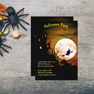House, Full Moon, Witch Orange Himlar Halloween fe Inbjudningar