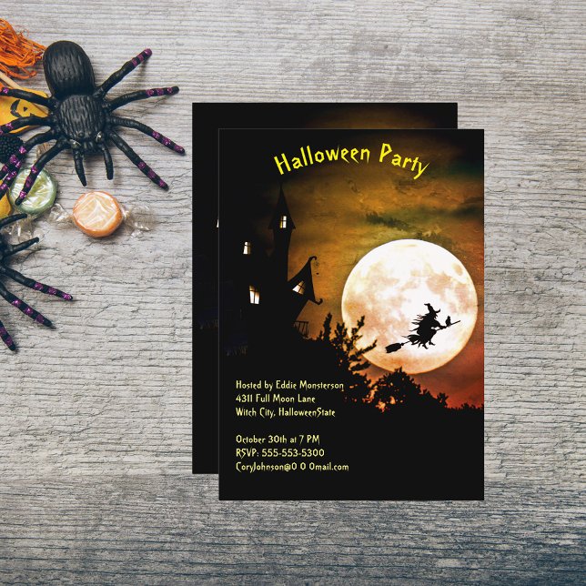 House, Full Moon, Witch Orange Himlar Halloween fe Inbjudningar (House, Full Moon, Witch Orange Sky Halloween Party Invitation)