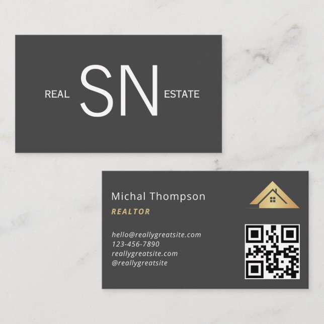 House Logotyp Real Gods Navy & Guld Realtor QR Cod Visitkort (Fram/baksida)