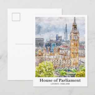 House London Watercolor Hand plockade Vykort
