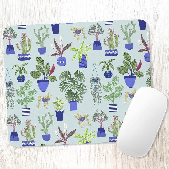 House Plant Cactus Succulent Blue Musmatta (Houseplant cactus and succulent pattern modern plant themed mouse mat)