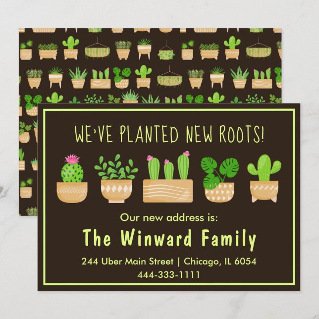 House Plants Cactus Mörk Brown New Home Announceme Meddelande (Fram/baksida)