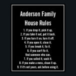 House Regler Black & White Text Family Namn Poster<br><div class="desc">Måste du lägga upp din familjs regler? Den här poster kan hjälpa dig. Du kan ändra regler och familjen namn efter behov. All text är vit. Texten kan redigeras eller tas bort. Poster är svart. I visningen under huset står det: "Andersson Family House Regler under dem båda är 9 regler:...</div>