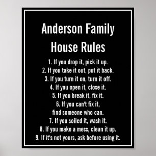 House Regler Black & White Text Family Namn Poster