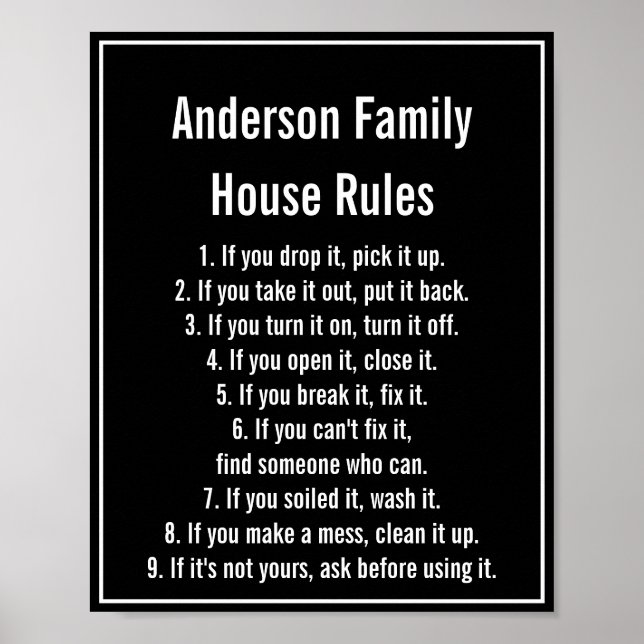 House Regler Black & White Text Family Namn Poster (Framsidan)