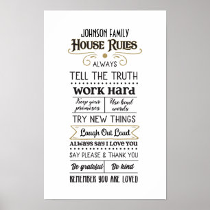 House Regler med Family Namn Black Guld Poster