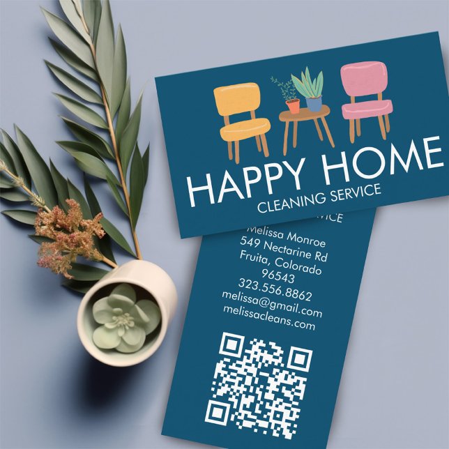 House Städning Cute Chairs Plats Anpassningsbar QR Visitkort (House Cleaning Services Home Decor Cute Chairs Plants Custom QR Code Business Card
)