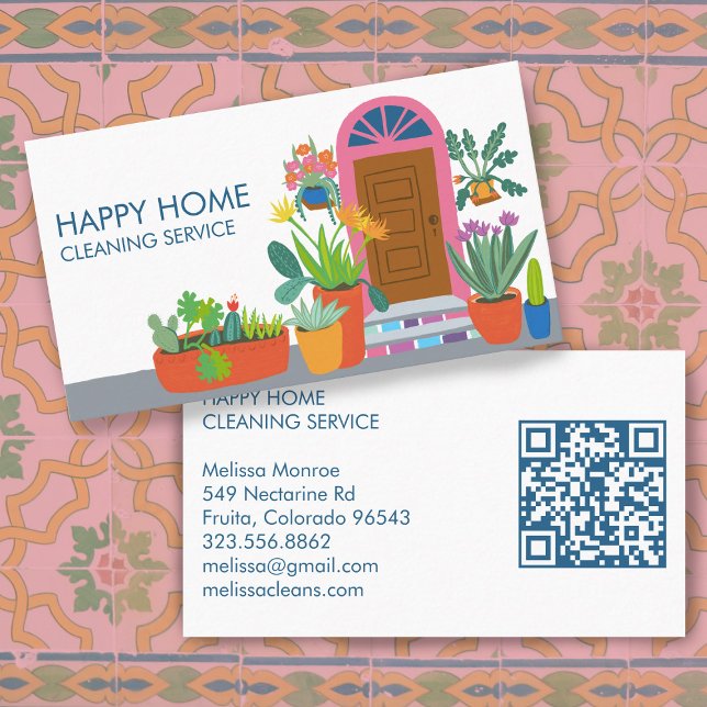 House Städning Cute Front Door Anpassningsbar QR-k Visitkort (House Cleaning Cute Front Door Custom QR Code Business Card
)