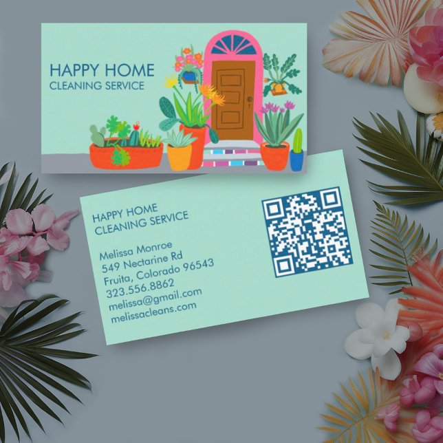 House Städning Cute Front Door Anpassningsbar QR-k Visitkort (Cute front door with lots of plants custom business card for cleaning services with custom QR code)