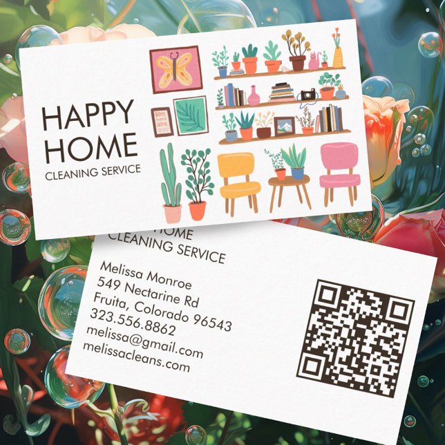 House Städning Cute Livingroom Art Anpassningsbar  Visitkort (Adorable living room scene on these custom business cards with QR codes)