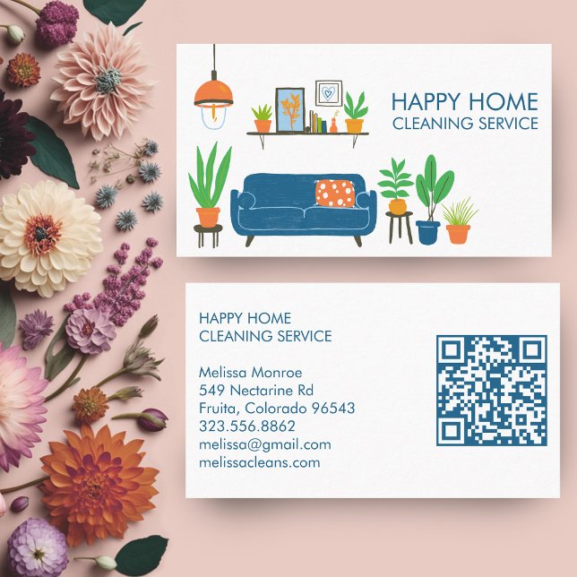 House Städning Cute Livingroom Art Anpassningsbar  Visitkort (House Cleaning Cute Livingroom Art Custom QR Code Business Card
)