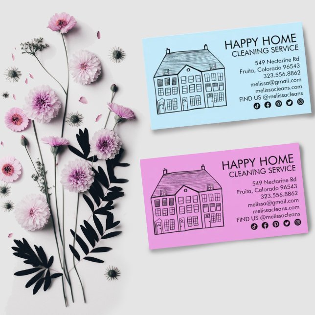 House Städning Home Services Charming Janitorial Visitkort (Cute house drawing on customizable business card with social media icons. Change background color)
