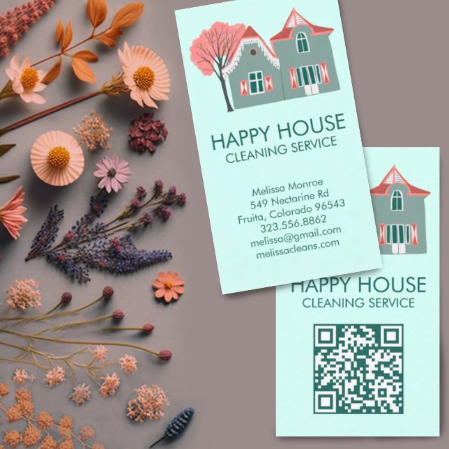 House Städning Home Services Charming QR-kod Visitkort (House Cleaning Home Services Charming QR Code Business Card, add your own text and link to customize)