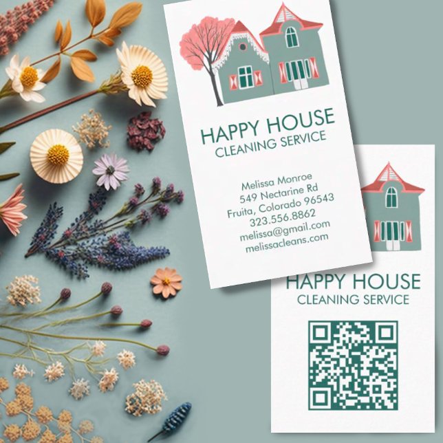 House Städning Home Services Charming QR-kod Visitkort (House cleaning, cute home illustration custom business card with QR code. Add your own text and link)