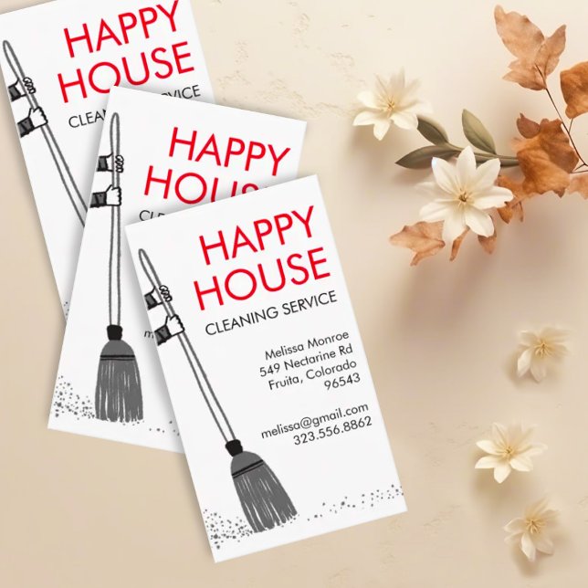 House Städning Home Services Janitorial Supplies Visitkort (Cute drawing of a broom decorates this custom business card perfect for cleaning services)