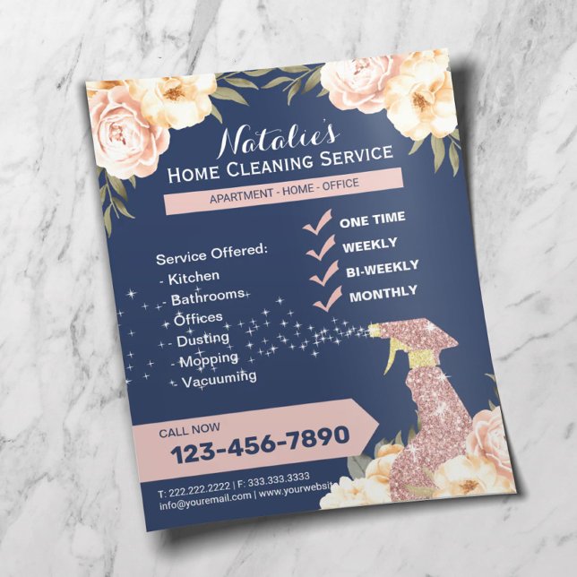 House Städning Maid Service Blommigt Navy Blue Flygblad (Skapare uppladdad)