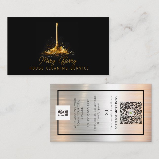 House Städning Maid Service Guld Mop Logotyp Visitkort (Fram/baksida)