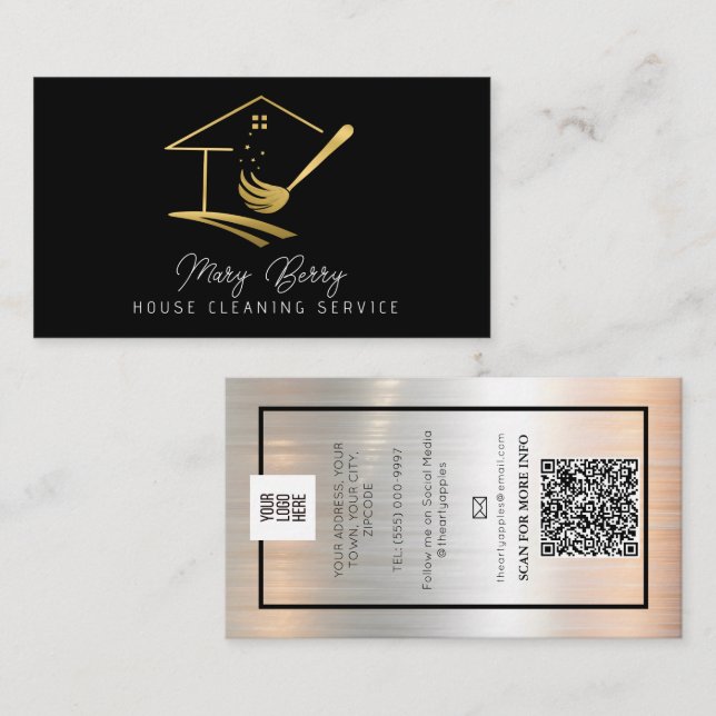 House Städning Maid Service Guld Mop Logotyp Visitkort (Fram/baksida)