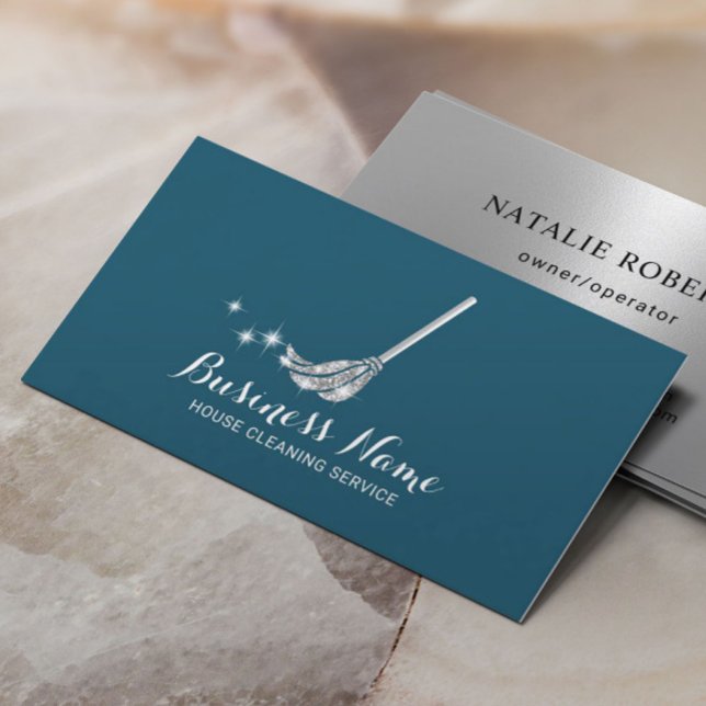 House Städning Maid Service Modern Teal & Silver Visitkort (Skapare uppladdad)