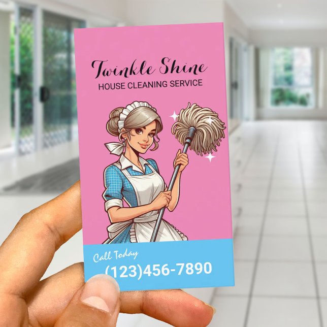House Städning Retro Blue & Rosa Maid Service Visitkort (Skapare uppladdad)