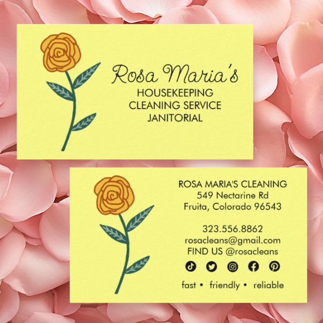 House Städning Service Guld Ro Logotyp Social Ikon Visitkort (Custom cleaning business cards with rose design and social media icons in yellow)