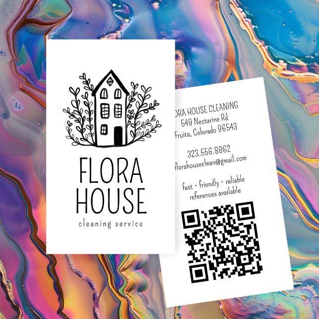 House Städning Service Home Hand plockade Logotyp  Visitkort (House Cleaning Service Home Hand Drawn Logo QR Business Card
)