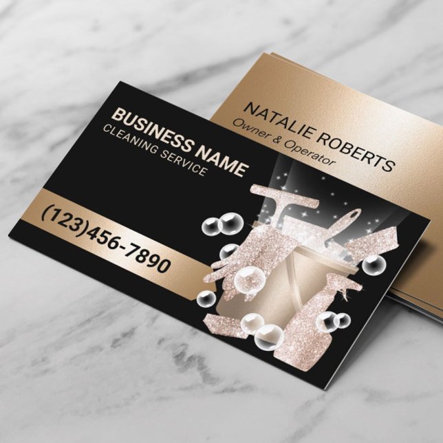 House Städning Service Modern Black & Guld Bubbles Visitkort (Skapare uppladdad)