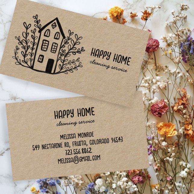 House Städning Services Hand plockade Doodle Kraft Visitkort (House Cleaning Services Hand Drawn Doodle Kraft Business Card
)