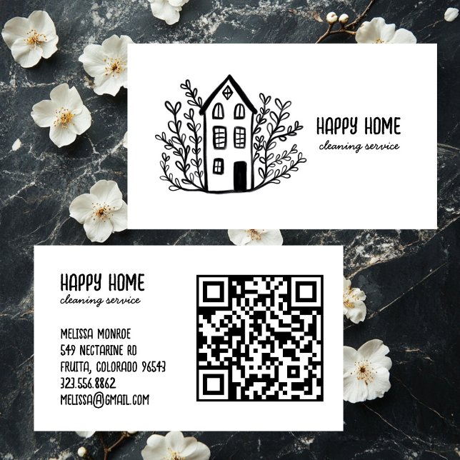 House Städning Services Hand plockade Doodle QR-ko Visitkort (House Cleaning Services Hand Drawn Doodle QR Code Business Card
)