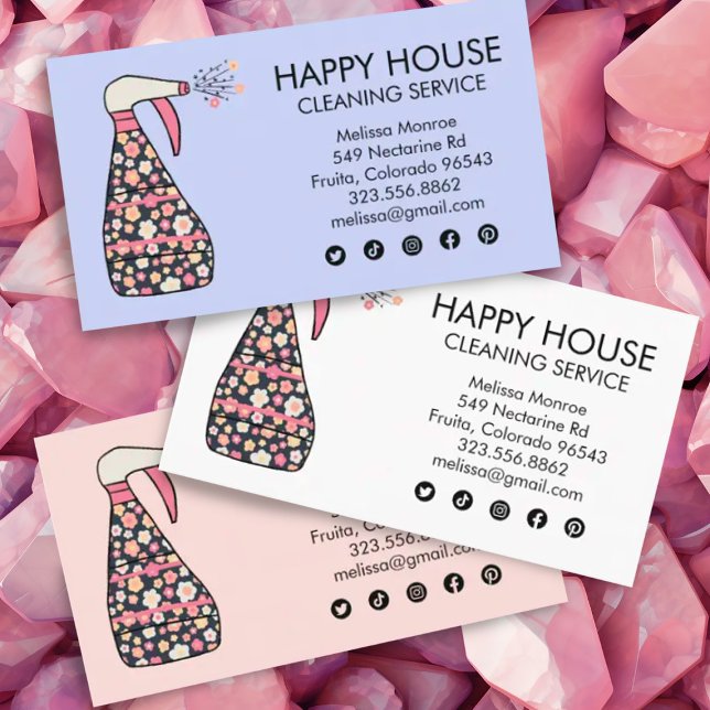 House Städning Services Janitor Daisy Spray Flaska Visitkort (Daisy floral spray bottle custom cleaning services business card with social media icons.)