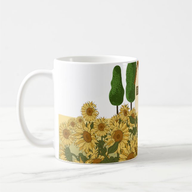 House Sunblommor Fält Vintage Illustration Kaffemugg (Vänster)