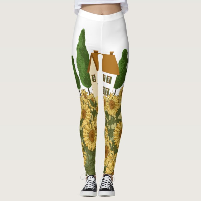 House Sunblommor Fält Vintage Illustration Leggings (Framsida)
