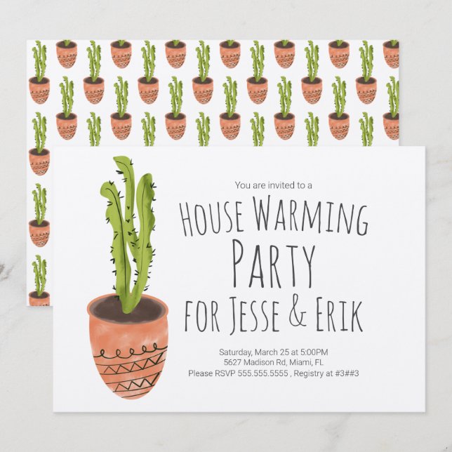 House Warming Party Cactus Plant Hand plockade Inbjudningar (Fram/baksida)