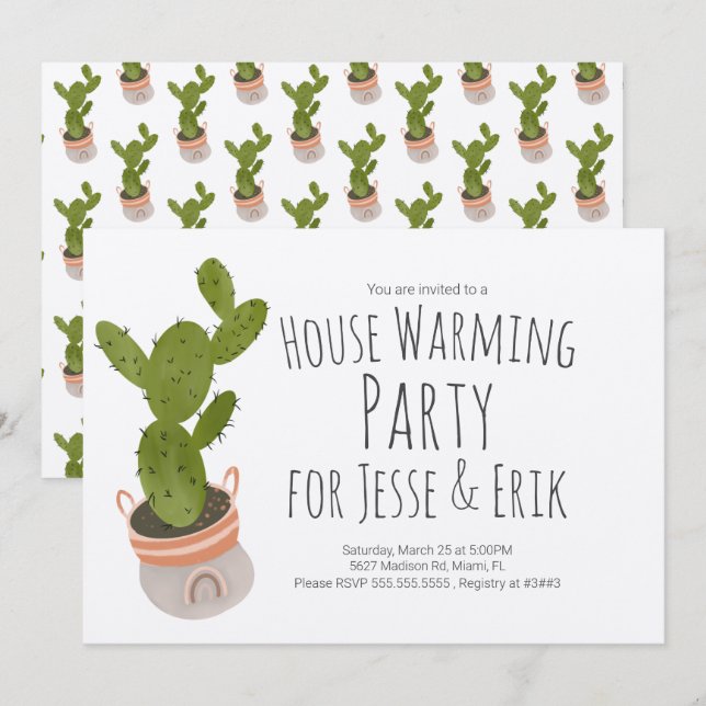 House Warming Party Cactus Plant Pot Hand plockade Inbjudningar (Fram/baksida)
