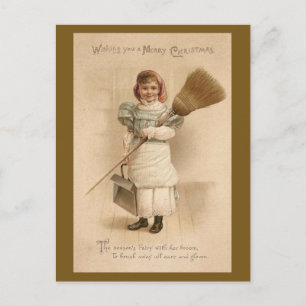 Housemaid med Broom Gamle Fashioned jul Helg Vykort