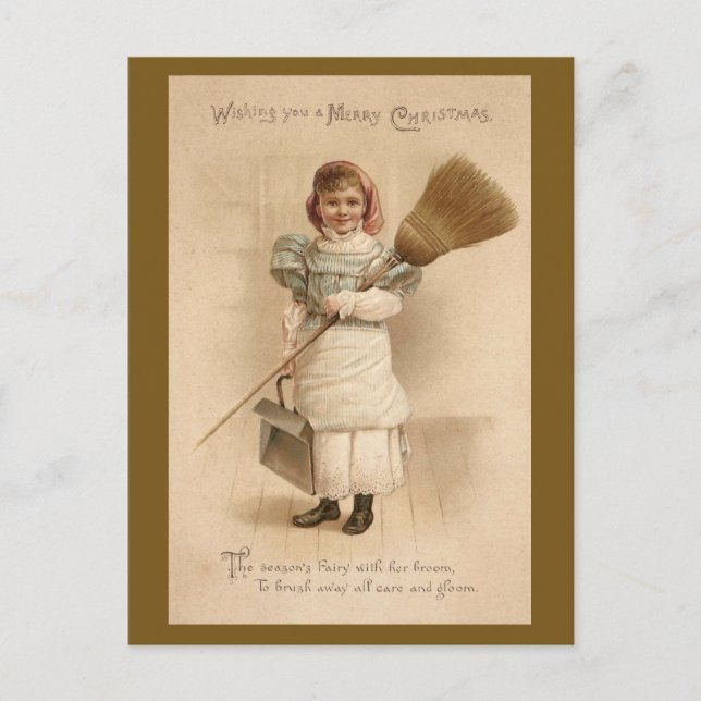Housemaid med Broom Gamle Fashioned jul Helg Vykort (Framsida)