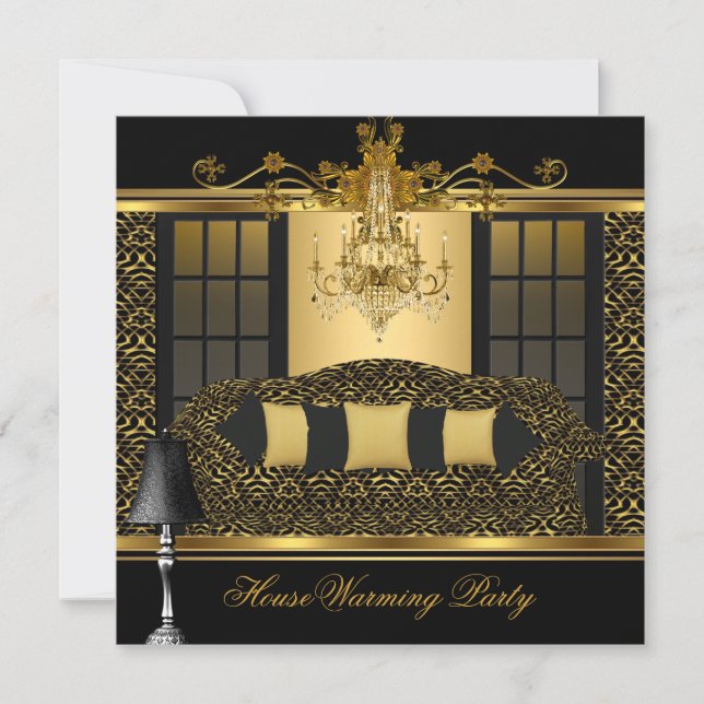 Houseuppvärmning Party Chandelier Damask Guld Blac Inbjudningar (Framsida)