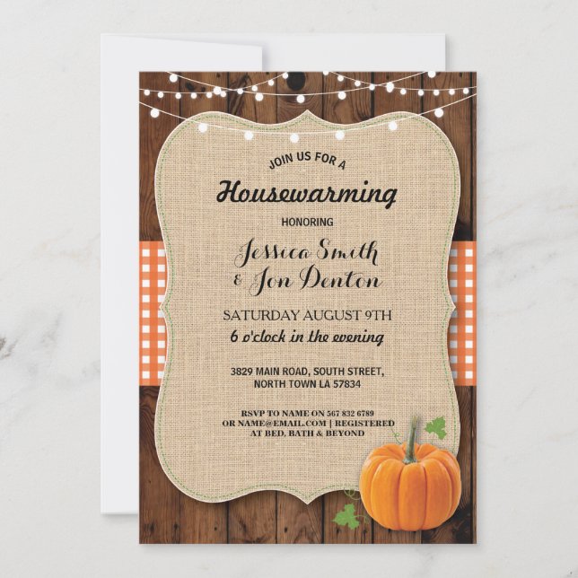 Houseuppvärmning Party Rustic Wood Pumpkin Burlap Inbjudningar (Framsida)