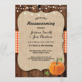 Houseuppvärmning Party Rustic Wood Pumpkin Burlap Inbjudningar