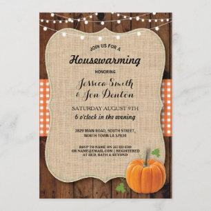 Houseuppvärmning Party Rustic Wood Pumpkin Burlap Inbjudningar