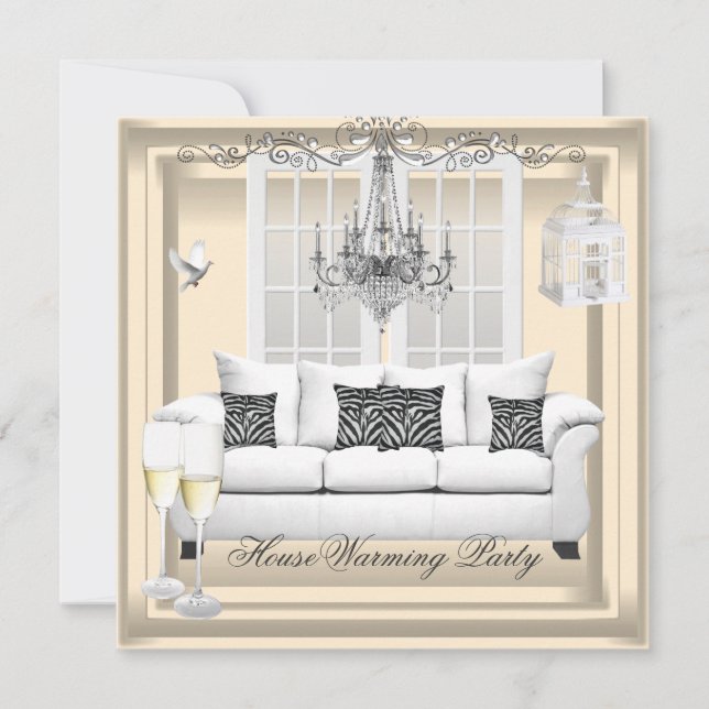 HouseWarming Cream White Champagne Chandelier Inbjudningar (Framsida)