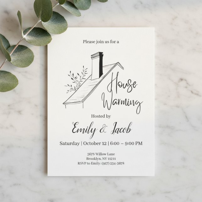 Housewarming Invitation • New Home Party Invite Inbjudningar (Minimal housewarming invitation with rooftop illustration on marble background and greenery)