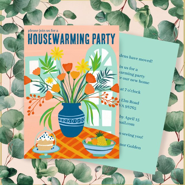 HOUSEWARMING Party Blommigt Bouquet New Home Cute Inbjudningar (HOUSEWARMING Party Floral Bouquet Vase New Home Cute Custom Invitation
)