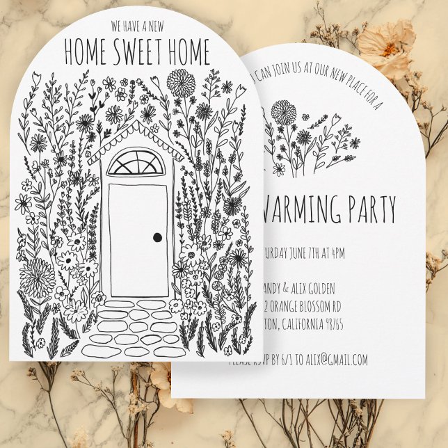 HOUSEWARMING PARTY Garden Door Hand plockade Doodl Inbjudningar (HOUSEWARMING PARTY Garden Door Hand Drawn Doodle Arched Party  Invitation
)
