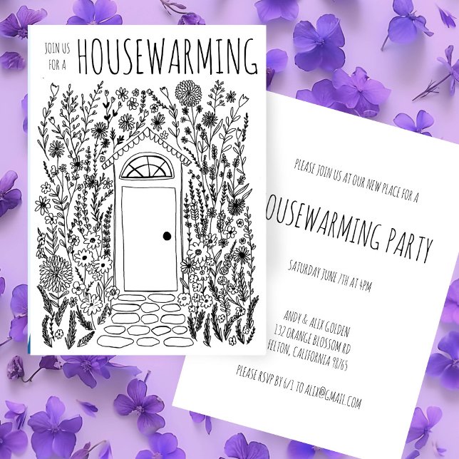 HOUSEWARMING PARTY Garden Door Hand plockade Doodl Inbjudningar (HOUSEWARMING PARTY Garden Door Hand Drawn Doodle Invitation Black and White line art
)