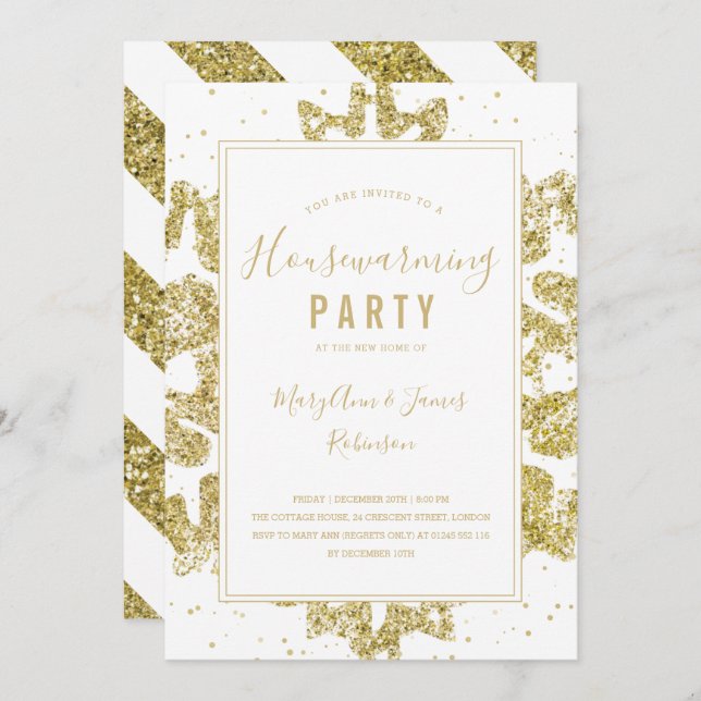 Housewarming Party | Vinter Glitter Guld & Vit Inbjudningar (Fram/baksida)